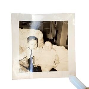 Vtg Cute Toddler & Infant Posing Together Monochrome Photography Found Snapshot